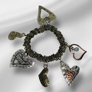 Vintage Gold Tone Heart Charm Bracelet Stretch VTG Chic Women's Fashion Jewelry